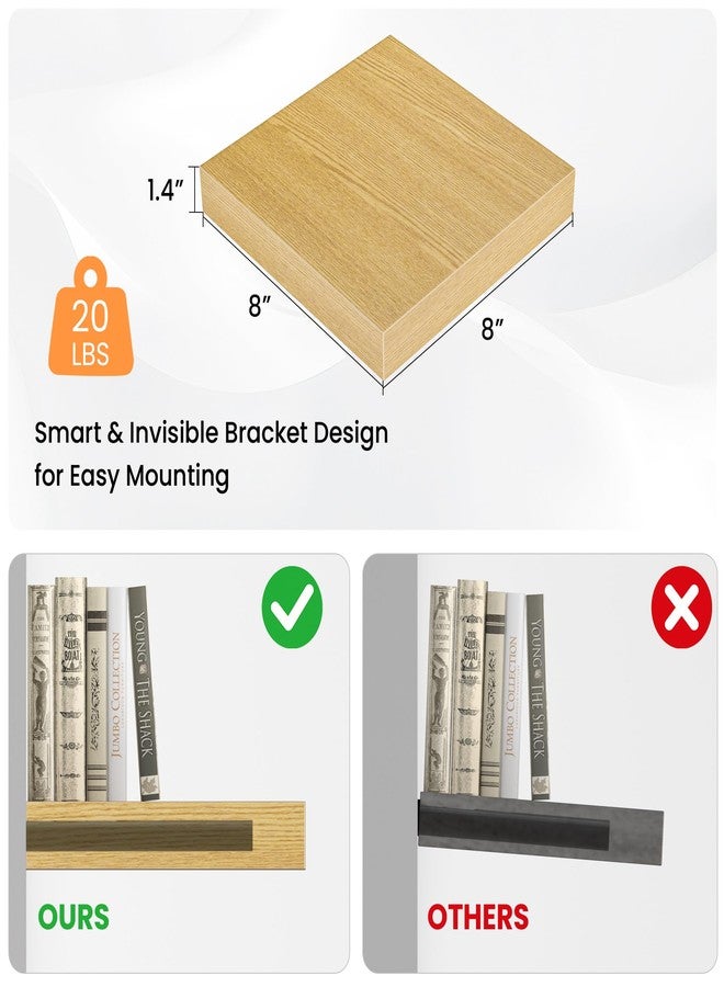 FLYJOE Square Floating Shelves for Wall, 8" W x 8" D x 1.4" H, Small Wooden Wall Mounted Display Shelves with Invisible Brackets for Living Room, Bedroom, Bathroom, Kitchen Decor, Set of 4, Oak - Image 2